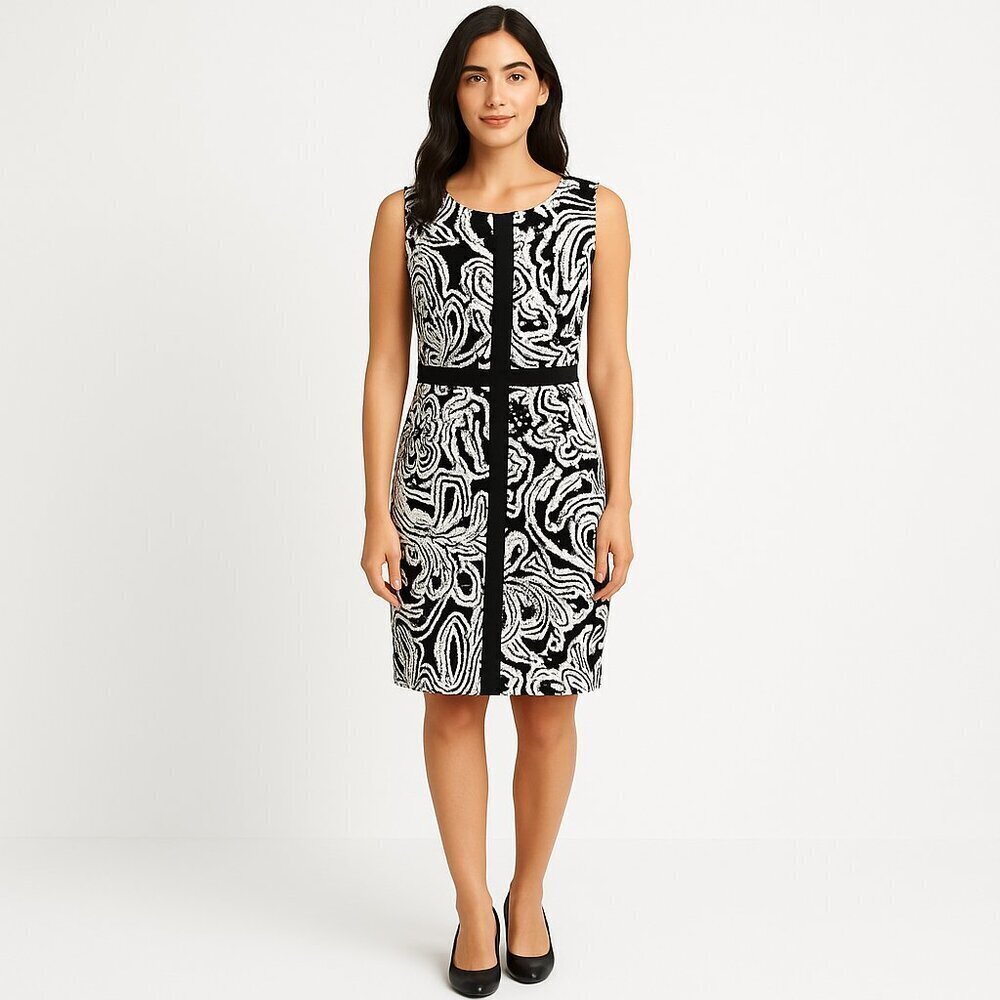 Anthro Tabitha Eyelet Sheath Dress 10 Black White Lace Paisley Sleeveless Lined